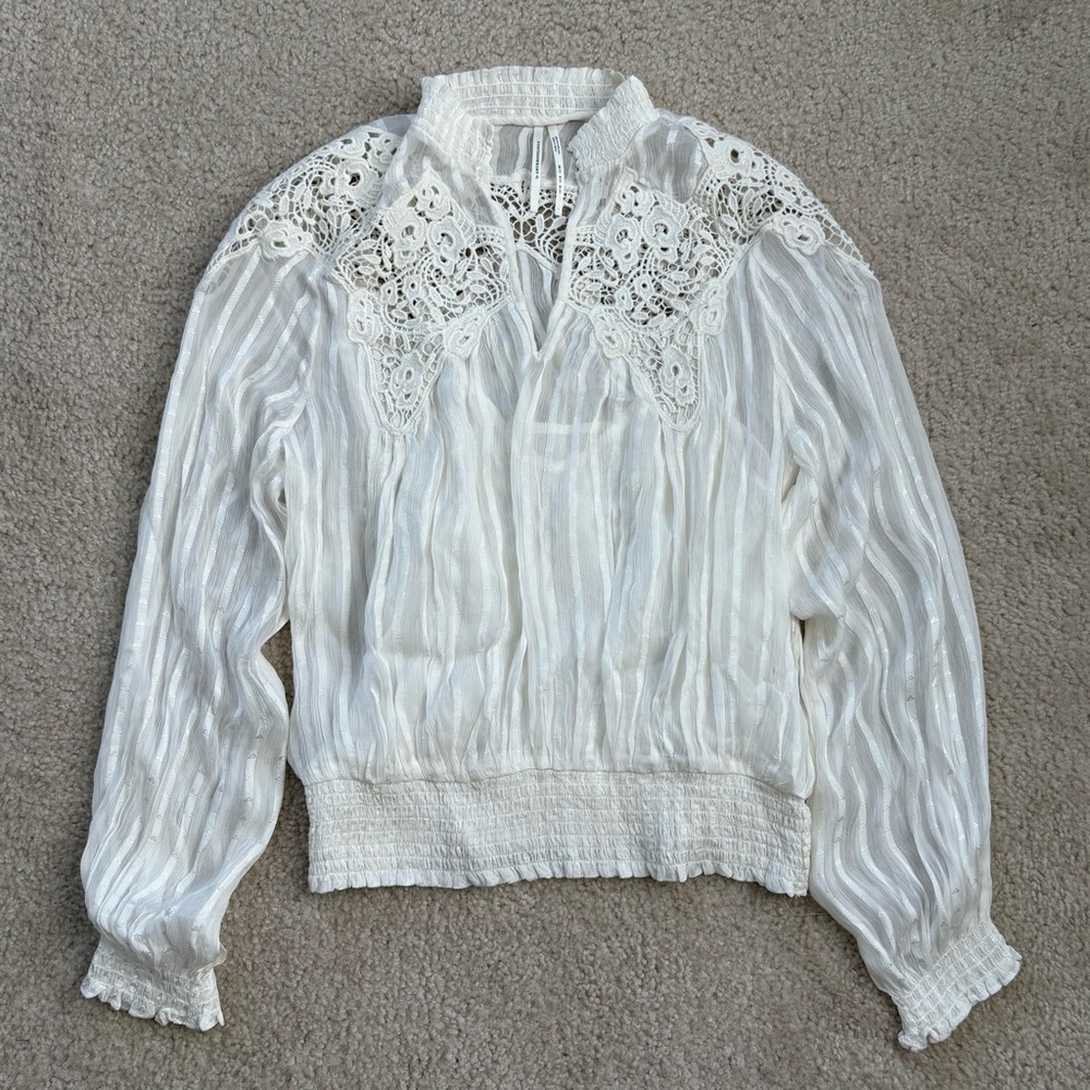 Anthropologie Moira Peasant Smocked V-Neck Lace Blouse - Picture 4 of 10